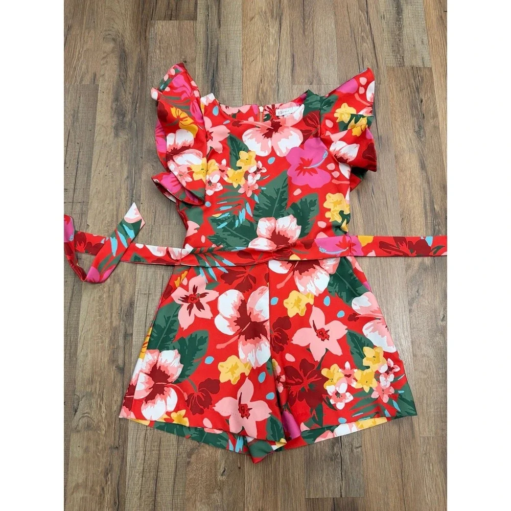 GB Girls Size 8 Floral Romper Red Ruffle Sleeve Belted Pockets Tropical